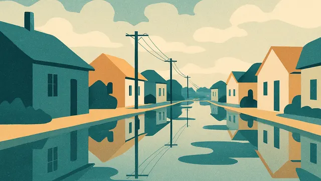 A quiet residential street after rain with puddles reflecting houses and a cloudy sky